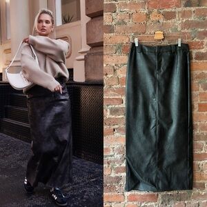 Faux leather washed charcoal grey black skirt with split on the back